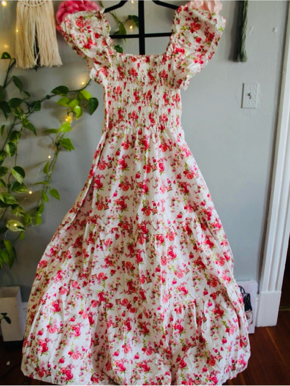 NWT Altar’d State Pink Floral Smocked Puff Sleeve Cotton Maxi Dress XS